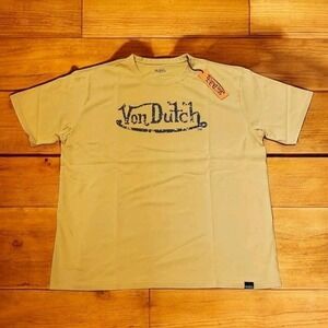 Von Dutch T-Shirt Men's Size Large Distressed Logo Mustard Tee Heavyweight NWT